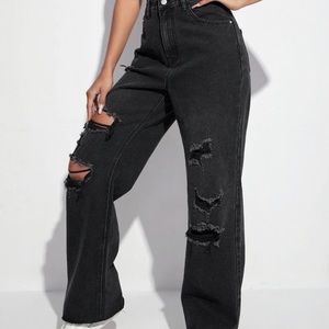 Black Denim Wide Leg Ripped Jeans Size 10/12 Large